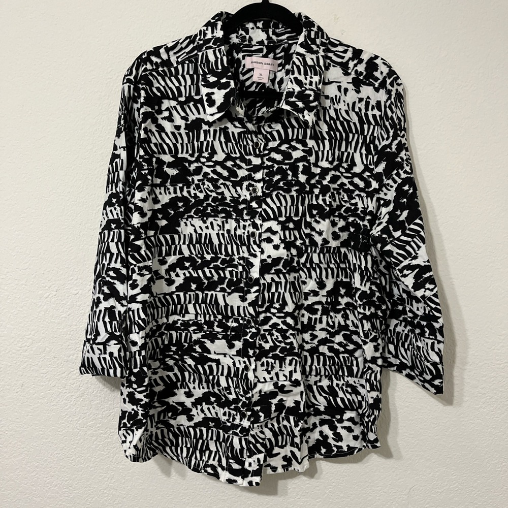 Allison Daley Button Up Blouse XL Black White Abstract Print 3/4 Sleeve Top